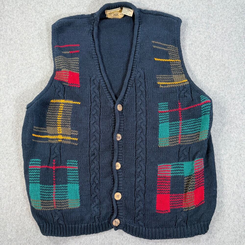 New River Co Vintage 90s Knit Sweater Vest Size Large Navy Blue Cable Knit Plaid
